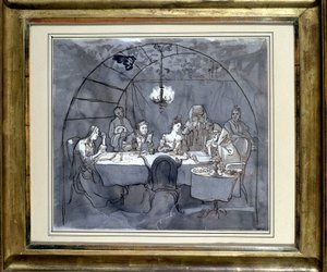 Laubhüttenfest im Restaurant Kasher durch die Familie von Moses Ulmann. Zeichnung auf Papier, Federwaschung, 1831. Jüdisches Museum Basel, Schweiz. von Jewish School