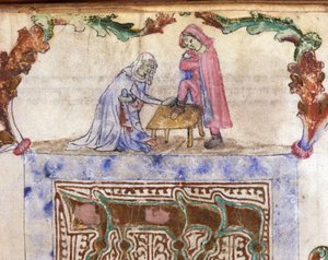 Judentum: Hebräisches Ritual der Fußwaschung (Abwaschung) des Reisenden. Miniatur aus einem hebräischen Manuskript des 14. Jahrhunderts. Biblioteca Palatina, Parma