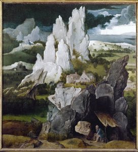 St. Hieronymus in einer felsigen Landschaft von Joachim Patinir