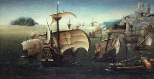 Portugiesische Karacken vor einer felsigen Küste