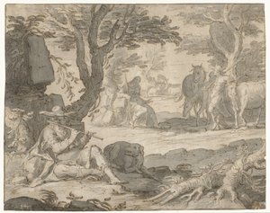 Apollo spielt die Flöte, während er die Herde von Admetus hütet
