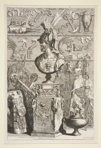 Eine Statue von Lucius Sciopione, Rüstung und andere antike Banner und Fragmente