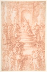 Die Heilige Sippe (Madonna mit Kind und St. Johannes) mit Propheten und Symbolen der vier Evangelisten