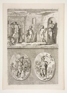 obere Hälfte: Vier antike Statuen untere Hälfte: Schmiede von Vulkan und ein siegreicher römischer General von Joachim von Sandrart