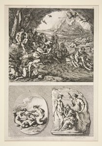 obere Hälfte: Quos Ego? untere Hälfte: Zwei antike Reliefs: Die drei Schicksalsgöttinnen und ein unbekanntes Thema von Joachim von Sandrart