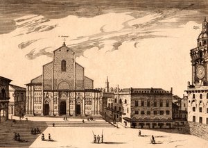 Die Basilika San Petronio auf der Piazza Maggiore, Bologna, Emilia-Romagna, Italien, Kupferstich von Joan Blaeu