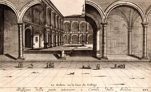Der Innenhof des Archiginnasio-Palastes, Bologna, Emilia-Romagna, Italien, Kupferstich, ca. 21x29 cm von Joan Blaeu