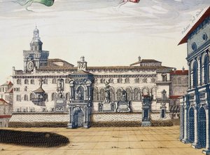 Ansicht des alten Platzes in Bologna, Stich von Giacomo Lauro und Joan Blaeu aus Theatrum civitatum et admirandorum Italiae, veröffentlicht in Amsterdam 1663 von Joan Blaeu