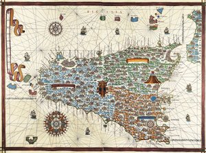 Insel Sizilien. (Sicilia) Navigationskarte von Joan Martines (1556-1591)