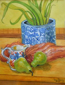 Blauer und weißer Topf, Krug und Birnen, 2006