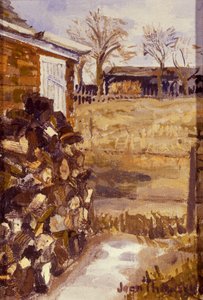 Blick aus dem Fenster des Cottages, Holz für den Winter gelagert