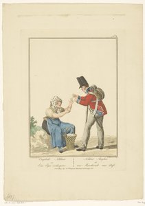 Stehender Soldat mit sitzender Eierverkäuferin. Uniformen und Trachten