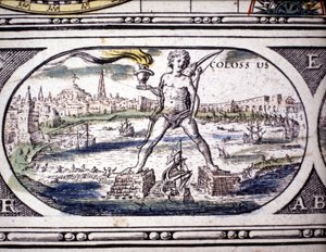 Darstellung der Sieben Weltwunder der Antike: der Koloss von Rhodos. im Atlas von Jansson Jannsonius, gedruckt in Amsterdam im Jahr 1630. Private Sammlung von Joannes Jansson