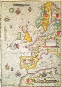 Eine allgemeine Karte und Beschreibung der Seeküsten Europas und der Navigation in diesem Buch enthalten (handkolorierter Stich) von Jodocus Hondius