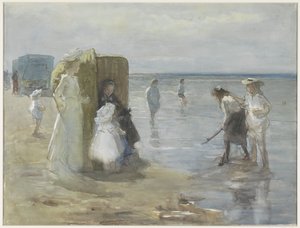 Ansicht entlang der Flutlinie am Strand von Scheveningen, mit zwei Damen und Kindern