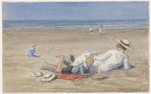 Ruhendes Kindermädchen mit zwei Kindern am Strand