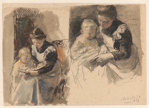 Zwei Studien eines Dienstmädchens, das einem Jungen das Lesen beibringt von Johan Antonie de Jonge