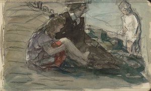 Frau mit zwei Kindern am Wasser
