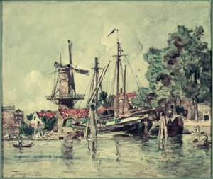 In Holland, die Boote nahe der Mühle von Johan Barthold Jongkind
