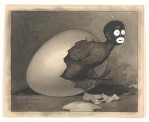 Entwurf für Illustration in De Amsterdammer: Ein schwarzer Mann kriecht aus einem Ei (19. April 1930)