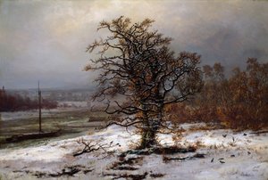 Winterlandschaft mit Eiche am Ufer der Elbe, Deutschland