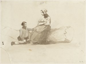 Frau auf einem Baumstamm und ein Junge mit einem Buch