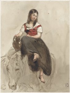 Frau auf einem Pferd sitzend mit Krug von Johan Daniël Koelman