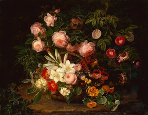 Ein Korb mit Rosen, Lilien und Stiefmütterchen an einem Rosenstrauch von Johan Laurents Jensen