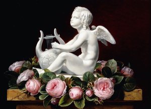 Girlande aus rosa Rosen um Amor, der auf einer Marmorkante eine Lyra spielt, 1841