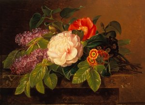 Pfingstrosen, Flieder und Primeln auf einer Marmorkante von Johan Laurents Jensen