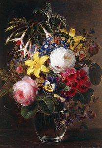 Rosen, Lilien, Stiefmütterchen und andere Blumen in einer Vase