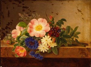 Wildblumen, Kornblumen und andere Blumen auf einem Sims von Johan Laurents Jensen