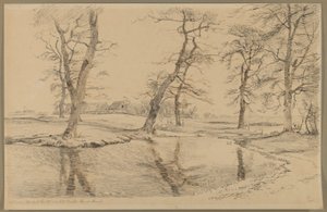 Ein Bach bei einem Bauernhof in Usserød mit Kühen und zwei Figuren von Johan Thomas Lundbye