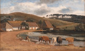 Kühe werden an einem Dorfteich getränkt. Brofelde, Seeland von Johan Thomas Lundbye