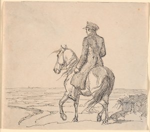 Ein Reiter schräg von hinten gesehen, reitend in eine weite Landschaft von Johan Thomas Lundbye