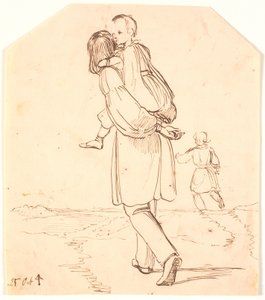 Ein junger Mann trägt ein kleines Mädchen auf seinem Rücken durch eine Landschaft von Johan Thomas Lundbye