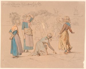 Im Vordergrund einige Mädchen, die Himmel und Hölle spielen. Im Hintergrund einige Jungen, die Soldat spielen, sowie ein Invaliden, der zusieht