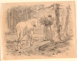 Die Frau und das Pferd. Illustration zu Kaalunds "Fabler for Børn". Siehe Kommentar aus dem Arkatalog.