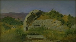Landschaft mit Felsen im Vordergrund. Civitella, Italien