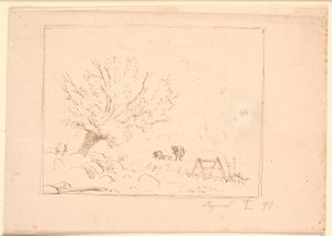 Marklandschaft mit einer Weide bei großen Steinen, einem Hahn, einem Pflug und drei Kühen von Johan Thomas Lundbye