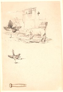 Der Storch und das Schwein. Unten eine Studie des Elsters und ein Werkzeug. Illustration zu Kaalunds "Fabler for Børn" von Johan Thomas Lundbye