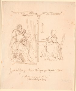 Zweiteilige Darstellung mit links zwei Brief lesenden Damen, rechts eine Brief schreibende Dame