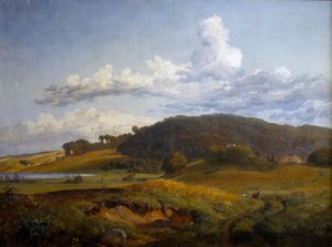 Blick von Vinderød auf Høbjerg bei Frederiksværk mit dem Elternhaus von J. Th. Lundbye von Johan Thomas Lundbye