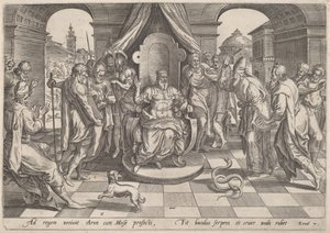 Moses und Aaron vor dem Pharao von Johan Wierix, after Maarten van Cleef
