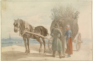 Österreichische Bauern mit einem Pferd und Wagen, mit Blick auf Wien in der Ferne von Johann Adam Klein