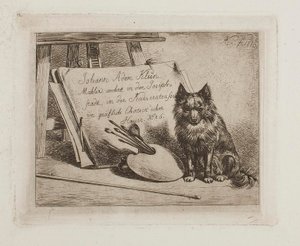 Hund sitzt bei den Malutensilien und dem Portfolio mit der Adresse des Künstlers von Johann Adam Klein