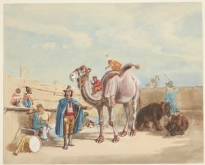 Ein Tierbändiger mit Kamel, Affen, Bären usw. von Johann Adam Klein