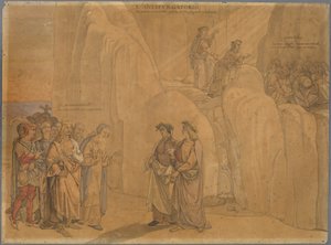 Dante trifft Manfred, den ehemaligen König von Apulien und Sizilien, an einer Felswand, der sich ihm zu erkennen gibt und Verschiedenes mitteilt; oben auf dem Felsen sehen sie die kirchlich Verbannten Buße tun