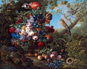 Großes Blumenstillleben mit Vögeln von Johann Baptist Drechsler