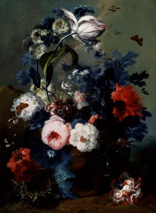 Stillleben mit Rosen, Mohn und Iris